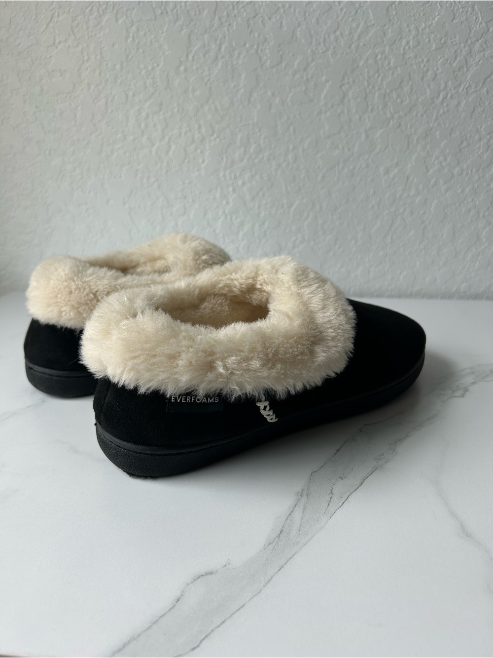 Women's Black Faux-Suede Slip-On Slippers with Cream Faux-Fur Collar - Picture 4 of 7